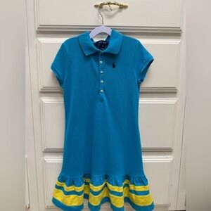 Ralph Lauren Girls Polo Dress Blue Yellow Ruffle Hem Size M 8–10